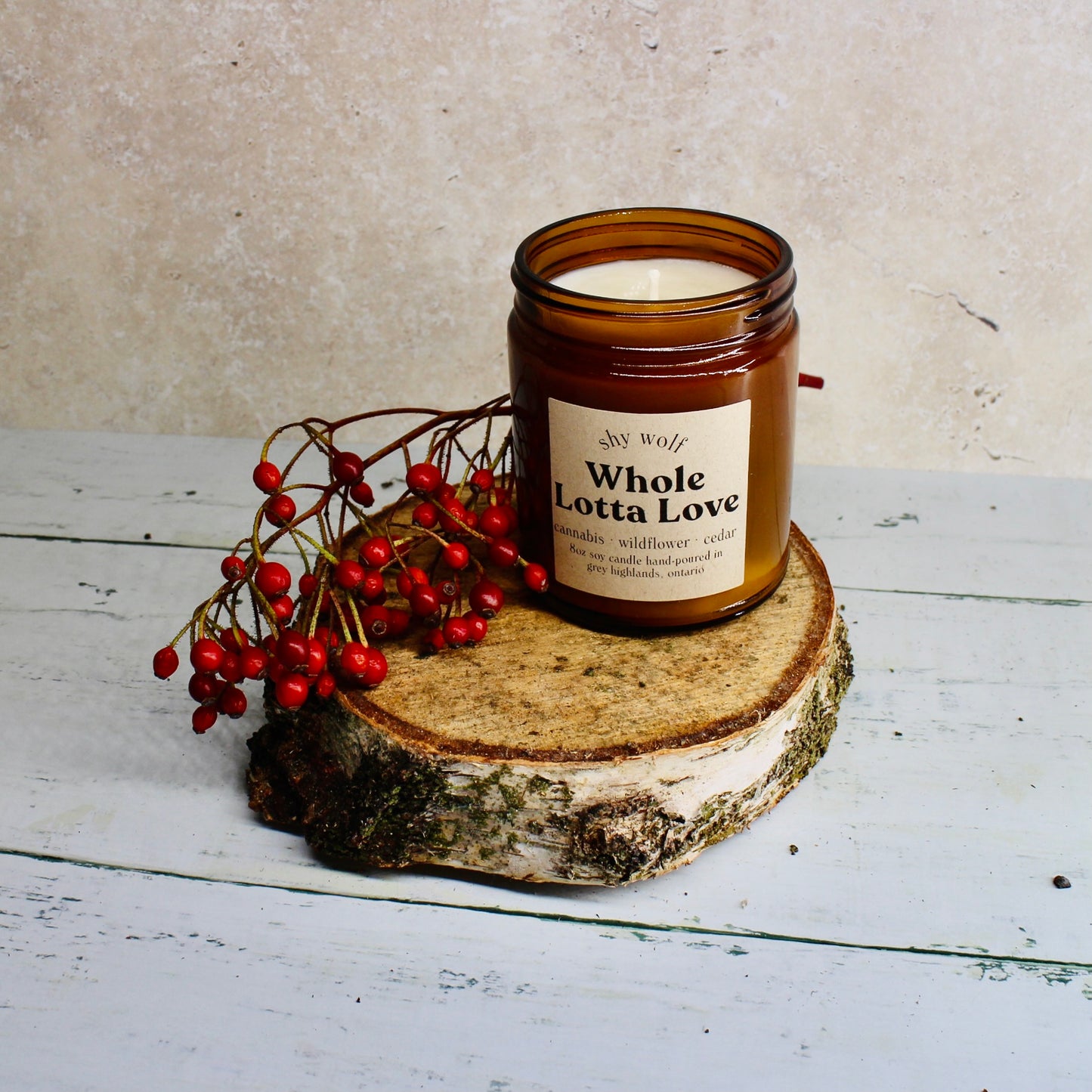 Shy Wolf Scented Soy Wax Candles with lid off.