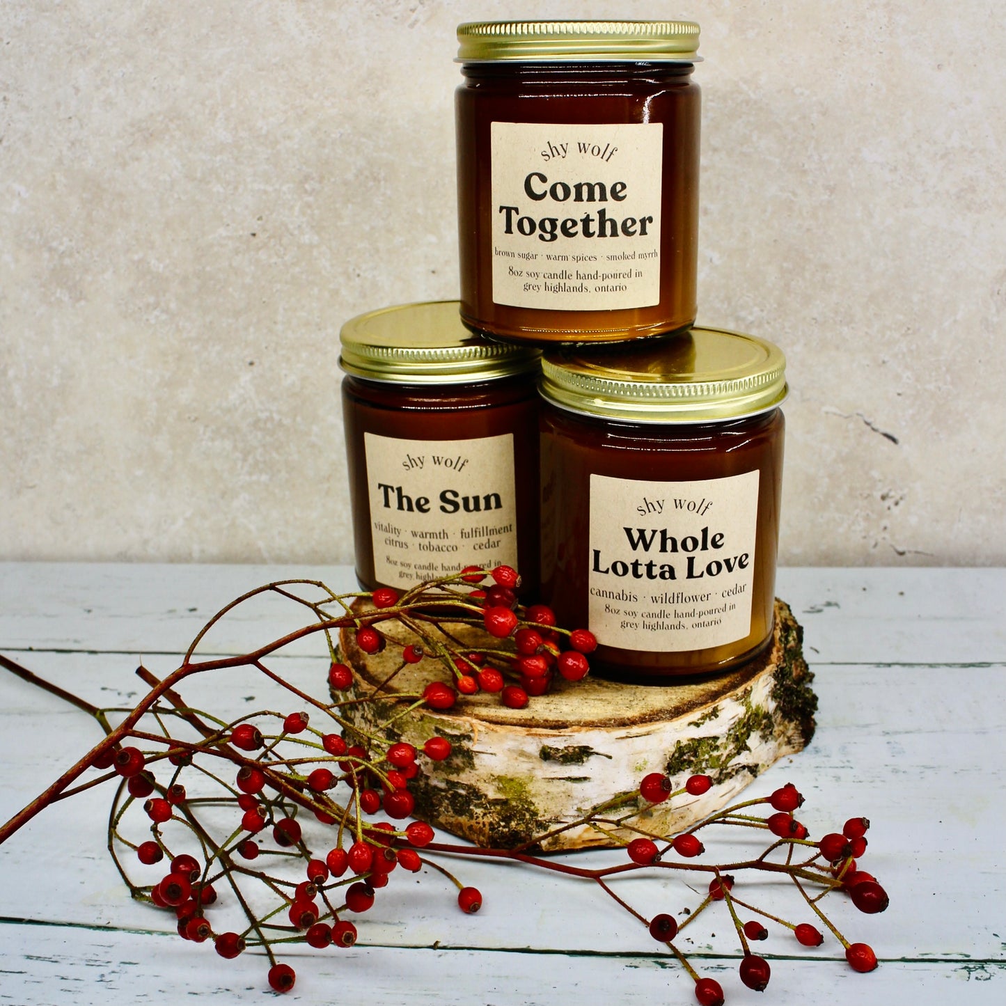 Three different Shy Wolf Scented Soy Wax Candles