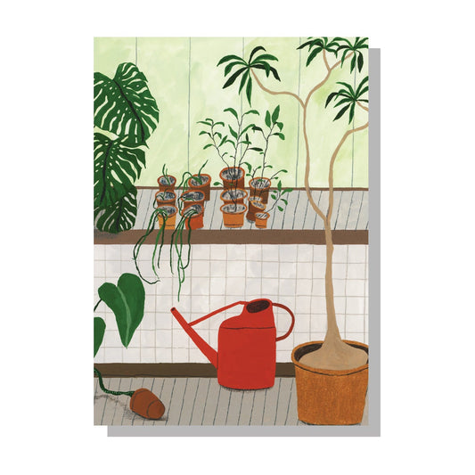 Greeting card with the 'barbican conservatory' illustration, featuring red watering can and several houseplants of different sizes. Created by Rachel Victoria Hillis.
