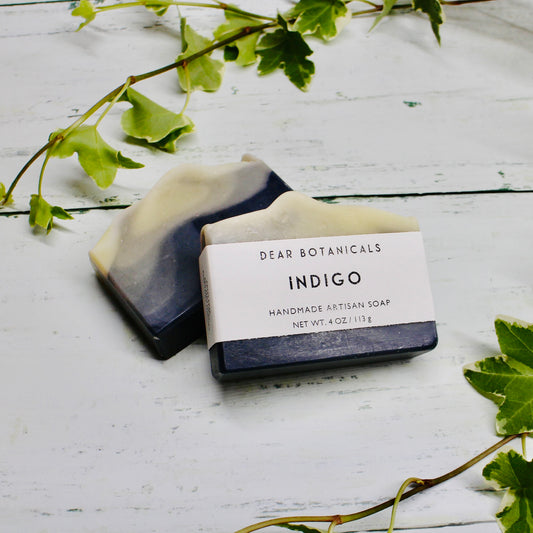 Dear Botanicals Indigo Soap, dark blue and cream swirl effect.